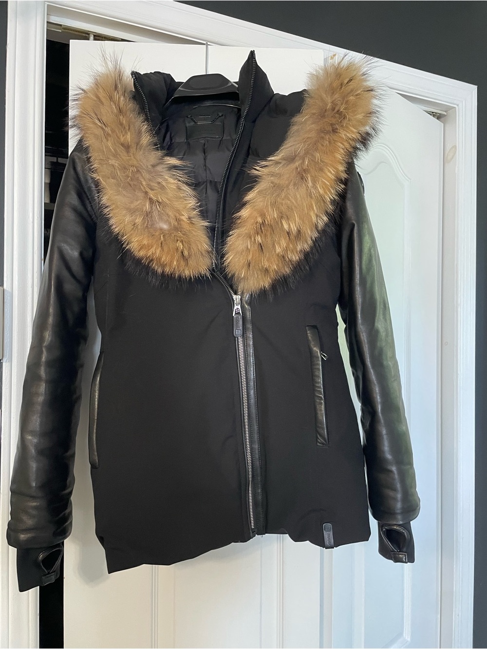 Women's Aurore Black Parka with leather sleeves with Fox fur trim